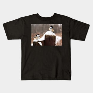 Chickadees Perched in the Snow Kids T-Shirt